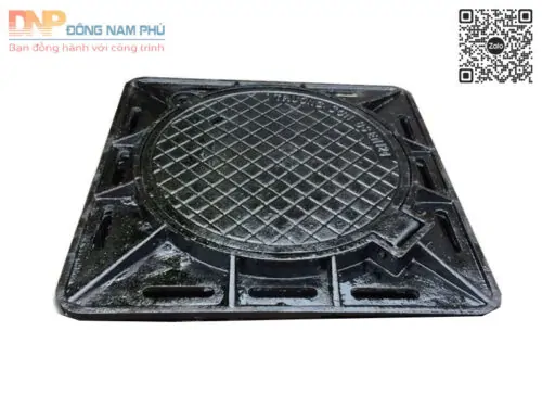 Nắp hố ga gang xám thân vuông âm nắp tròn